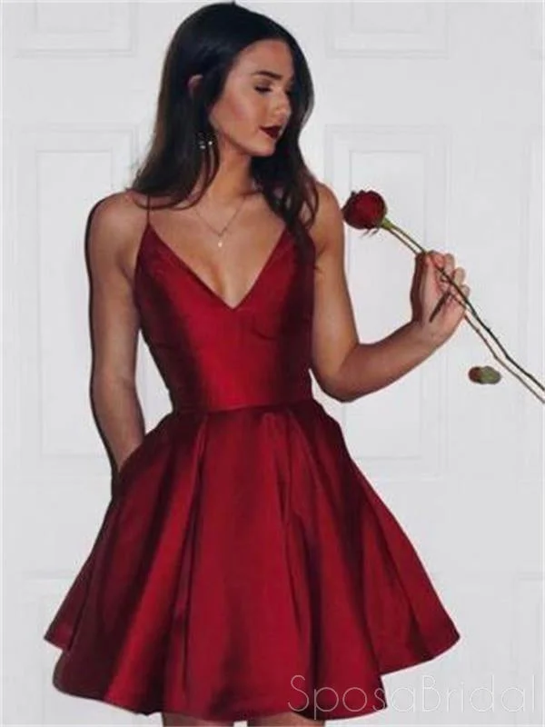 Simple Spaghetti Red Satin Short Prom Dresses, Homecoming Dresses, V-neck Prom Dresses, BD0400 Simple Spaghetti Red Satin Short Prom Dresses, Homecoming Dresses, V-neck Prom Dresses, BD0400