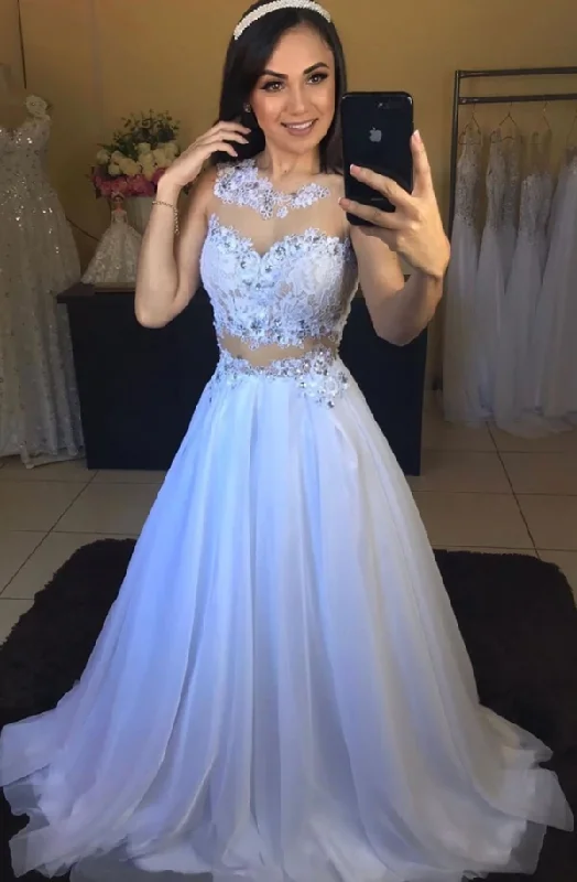 White round neck tulle lace long prom dress white formal dress  cg7862