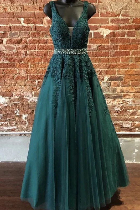 Deep Green Tulle Lace V Neck Long Prom Dress Formal Dress  cg7848