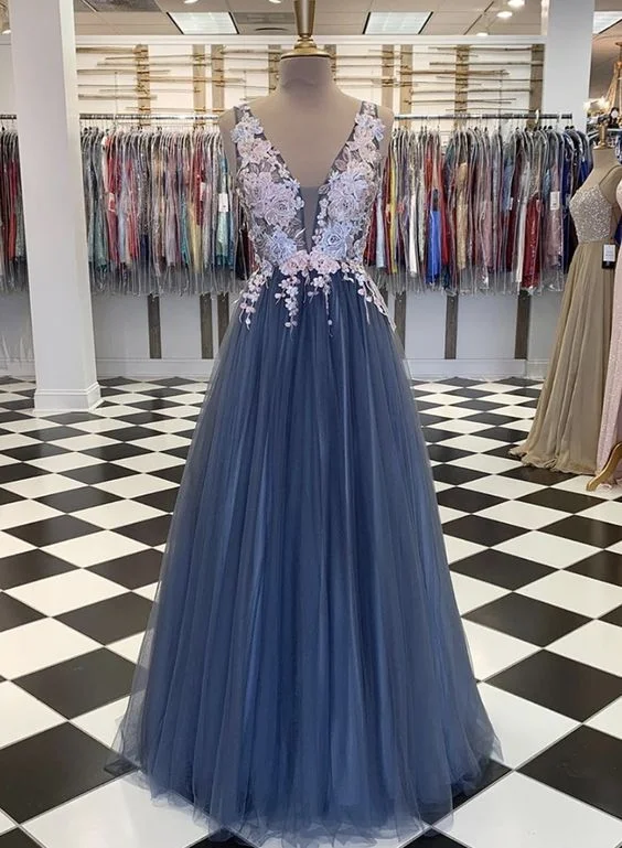 Gray v neck tulle lace long prom gown evening dress C191