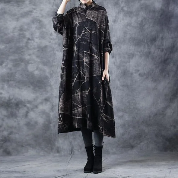 Vintage Black High Neck Cotton Base Baggy Dresses For Women