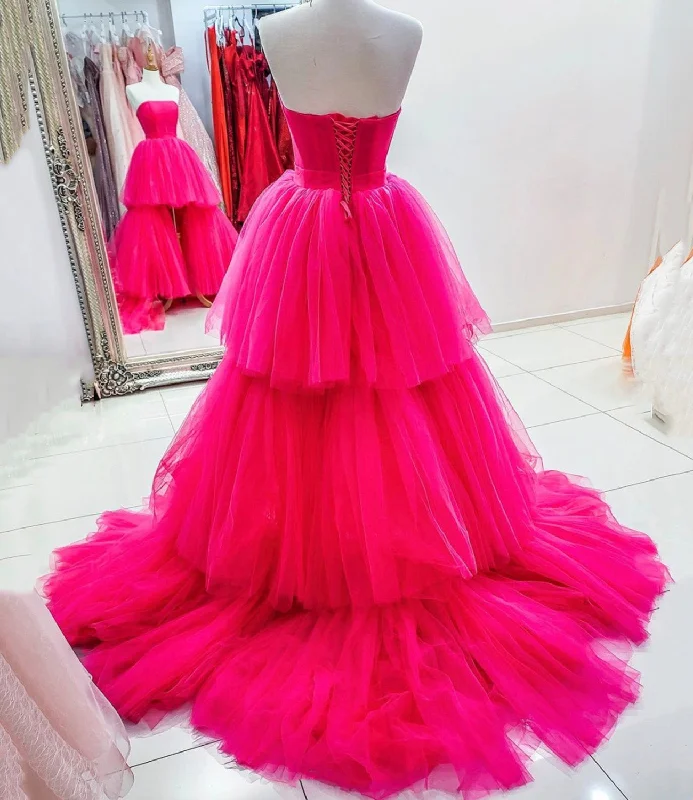 PINK TULLE HIGH LOW PROM DRESS PINK EVENING DRESS C850