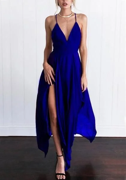 Blue Irregular Back Cross Spaghetti Strap Flowy Deep V-neck Bohemian Party Maxi prom Dress 7604 Blue Irregular Back Cross Spaghetti Strap Flowy Deep V-neck Bohemian Party Maxi prom Dress 7604
