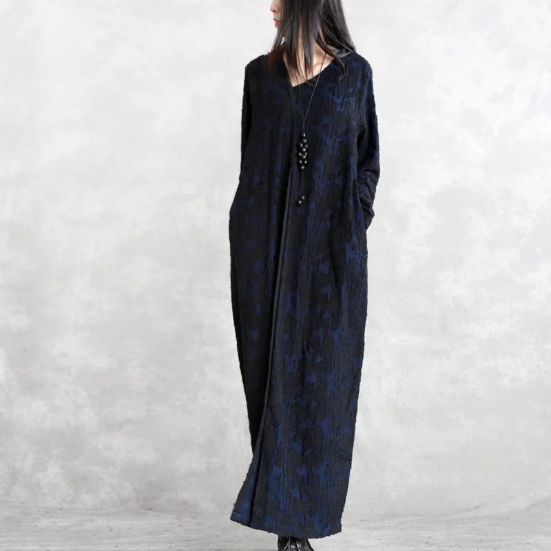 fashion dark blue Jacquard cotton blended dresses plus size V neck asymmetric linen clothing dress casual long sleeve baggy dresses fashion dark blue Jacquard cotton blended dresses plus size V neck asymmetric linen clothing dress casual long sleeve baggy dresses