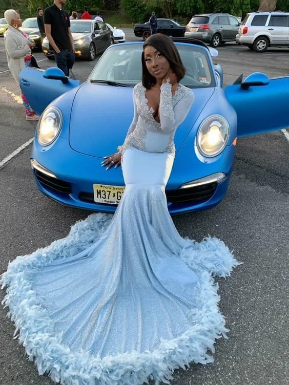Sexy African Long Sleeve Mermaid Prom Dress Feathers Formal Evening Dresses Party Gowns cg7906 Sexy African Long Sleeve Mermaid Prom Dress Feathers Formal Evening Dresses Party Gowns cg7906