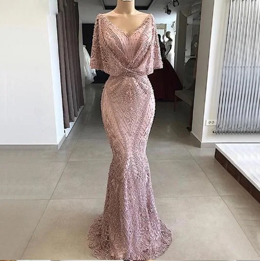 CLASSY PINK V-NECK MERMAID EVENING PROM DRESSES  cg8065
