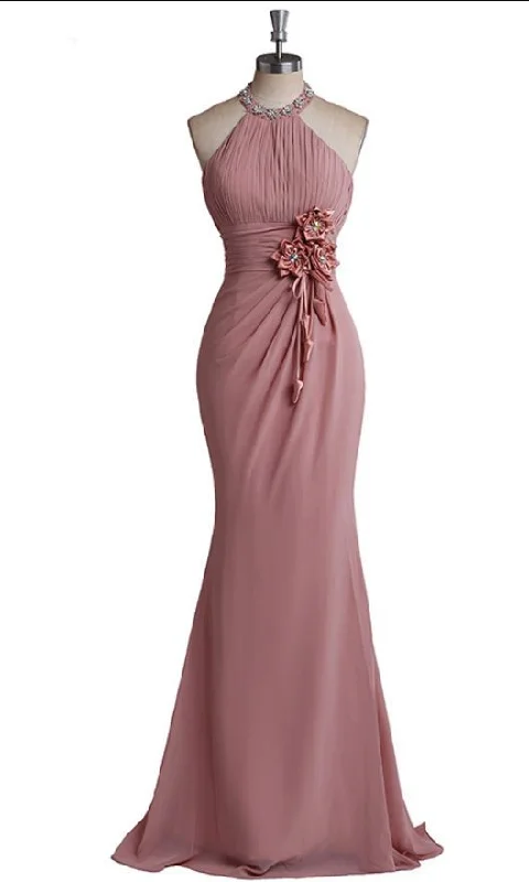 Halter Ruched Chiffon, Mermaid Long Prom Dress, halter neck Evening Dress , Floral Appliqués C762