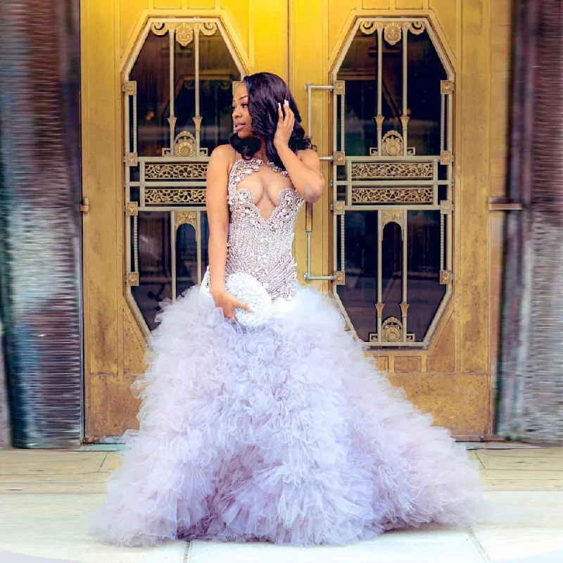 Stunning Luxury Crystal Mermaid Evening Dresses With Voluminous Ruched Tulle Bottom Long Maxi Gowns Wedding Gowns African Dress Stunning Luxury Crystal Mermaid Evening Dresses With Voluminous Ruched Tulle Bottom Long Maxi Gowns Wedding Gowns African Dress