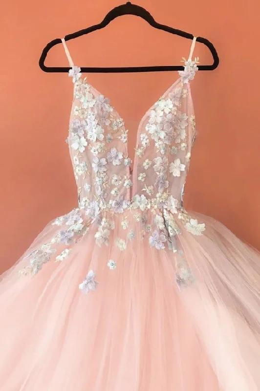 Pink v neck appliqué long prom dress evening dress  C1291