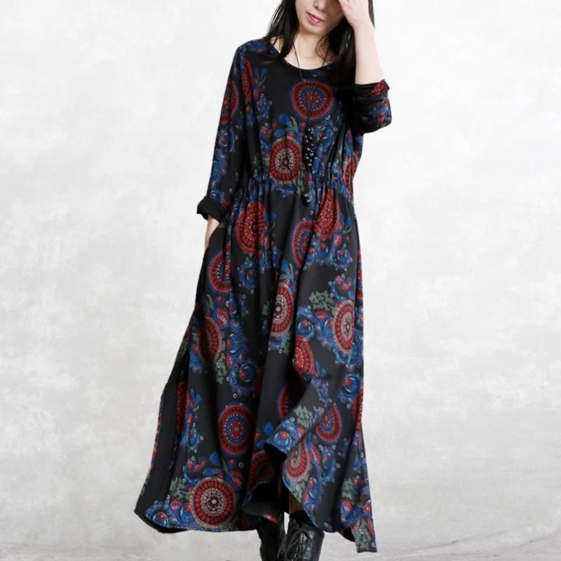 baggy black print natural cotton blended dress plus size clothing O neck pockets cotton blended gown boutique long sleeve tie waist autumn dress baggy black print natural cotton blended dress plus size clothing O neck pockets cotton blended gown boutique long sleeve tie waist autumn dress