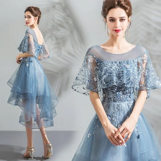 Light Blue Prom Dress Short Front Long Back with Wrap Lace Bridsmaids Evening Gown cg7736 Light Blue Prom Dress Short Front Long Back with Wrap Lace Bridsmaids Evening Gown cg7736