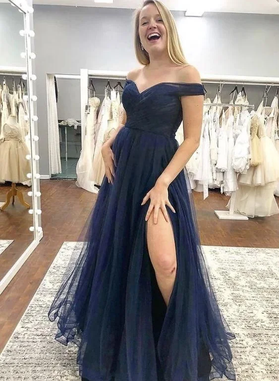 Blue tulle long prom dress blue evening dress C912