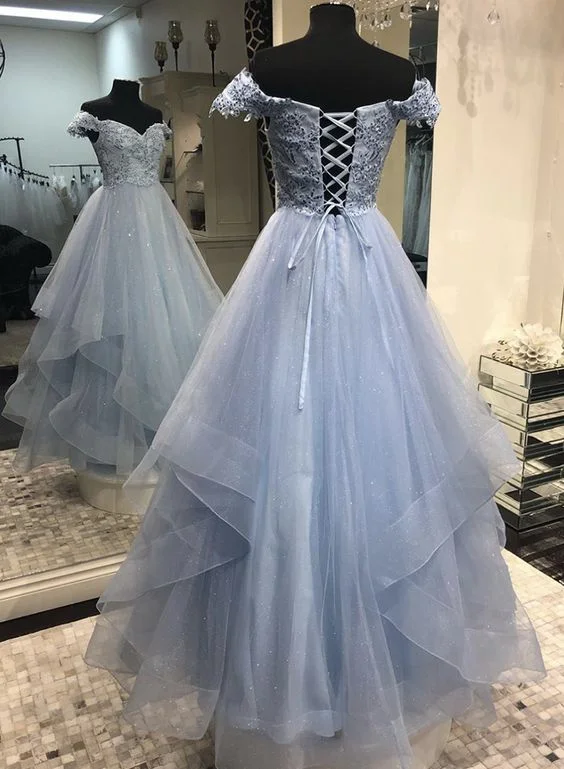 Blue tulle lace long prom dress, evening dress  cg7787