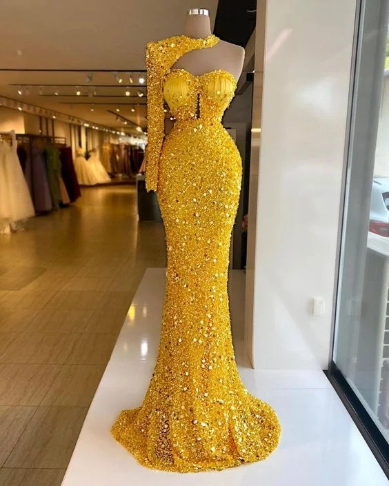 Yellow sequin mermaid long prom dress, sexy evening dress C1034
