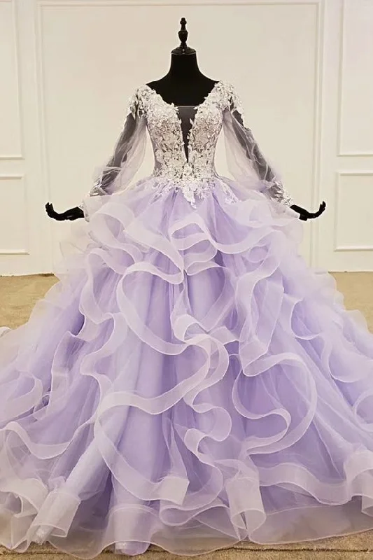 2020 Lavender Prom Dress Long Sleeves Tulle Ruffles Beaded Lace Women Evening Gown cg7866 2020 Lavender Prom Dress Long Sleeves Tulle Ruffles Beaded Lace Women Evening Gown cg7866