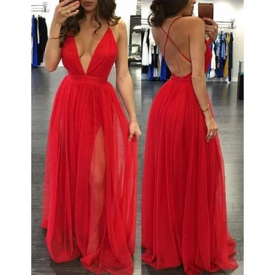 sexy backless prom dress,red prom Dress,long prom dress,v-neck evening dress C228