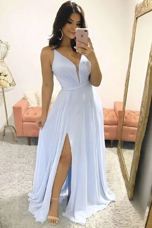 Blue chiffon long A line prom dress simple evening dress C868