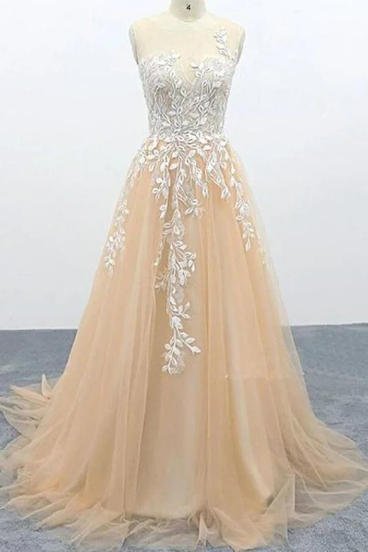 A Line Tulle Lace Appliques Sweep Train Evening Dress Senior Prom dress  cg7507