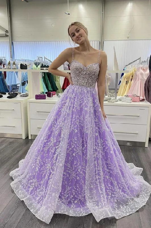 Purple tulle lace long prom dress evening dress C1278