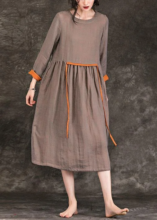 Women o neck tie waist Cinched linen Wardrobes brown Dress spring