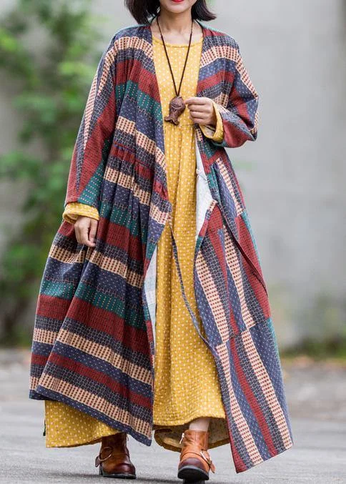Modern v neck tie waist linen cotton dresses Shirts multicolor striped Dress spring