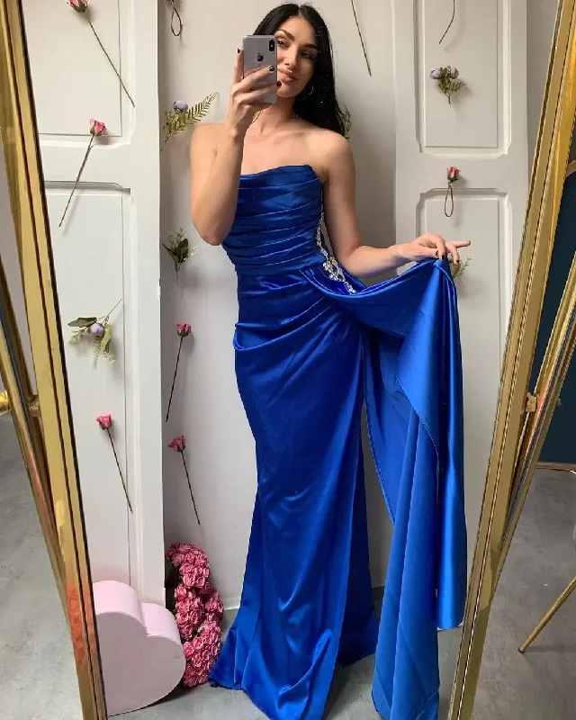 Satin Strapless Evening Dress With Panel Train Sparkly Crystal Pleats High Split Cocktail Dress Elegant Backless Party Gowns Satin Strapless Evening Dress With Panel Train Sparkly Crystal Pleats High Split Cocktail Dress Elegant Backless Party Gowns