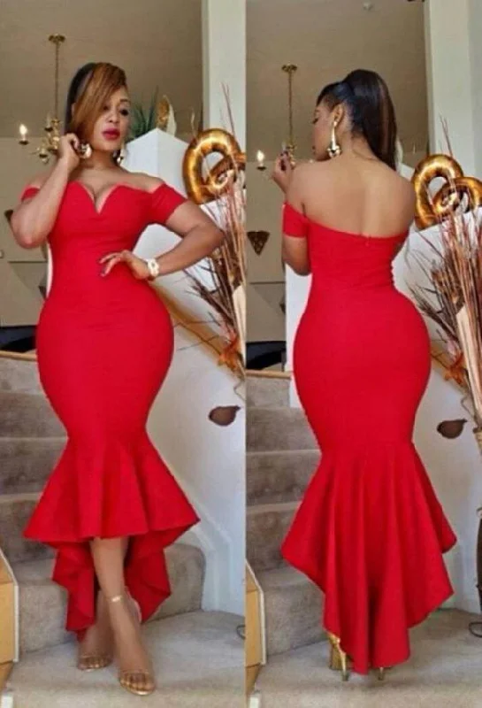 Gorgeous Red Ruffled Off-the-Shoulder Mermaid/Trumpet Satin Prom Dresses  cg7747