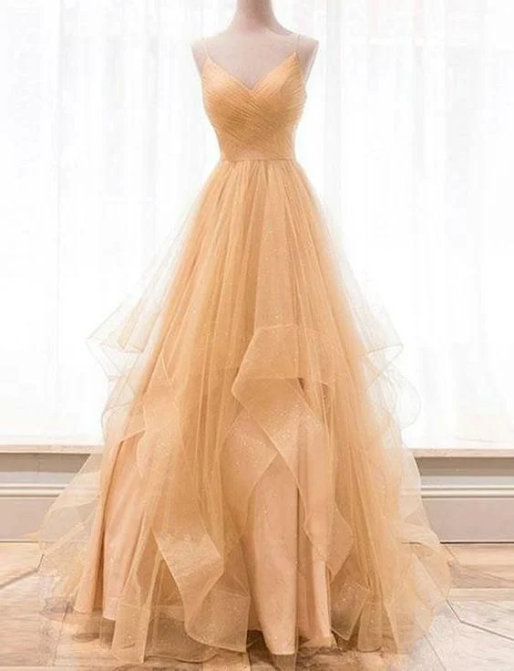 Custom made gold v neck tulle long prom dress, evening dress C1395
