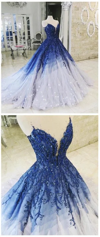 A-line Ombre Prom Dress With Applique Royal Blue Prom Dresses Long Evening Dress C440