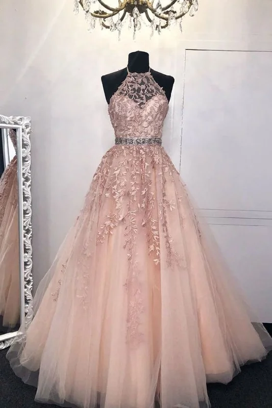Halter Neck Pink Lace Long Prom Dress with Belt, Pink Lace Formal Dress, Pink Evening Dress C598 Halter Neck Pink Lace Long Prom Dress with Belt, Pink Lace Formal Dress, Pink Evening Dress C598