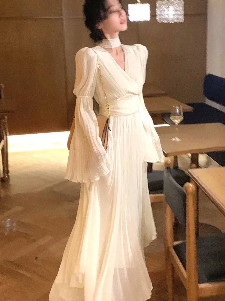 Women's French Ruffle Irregular Long Dresses Elegant Fashion Fairy Pleated Party Evening One Piece Dress Korean Female Clothings