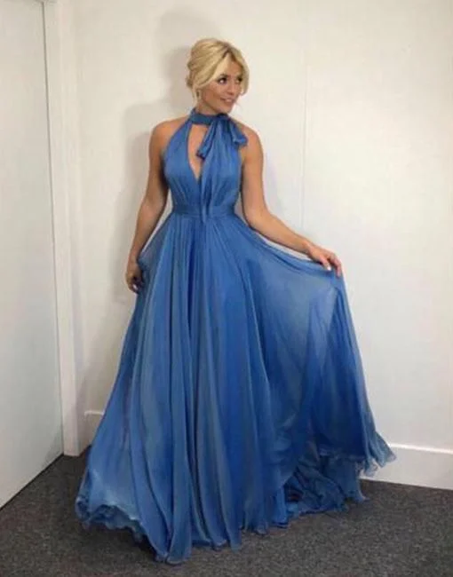 Simple v neck blue chiffon long prom dress, blue evening dress  cg8224