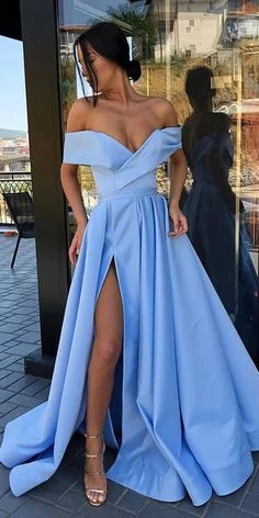 A-Line Sky Blue Satin Off-the-Shoulder High Split Long Prom Dress with Pockets cg7602 A-Line Sky Blue Satin Off-the-Shoulder High Split Long Prom Dress with Pockets cg7602