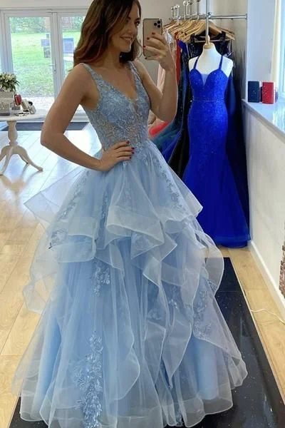 V Neck Fluffy Blue Lace Long Prom Dress, Blue Lace Formal Dress, Layered Blue Evening Dress C390 V Neck Fluffy Blue Lace Long Prom Dress, Blue Lace Formal Dress, Layered Blue Evening Dress C390