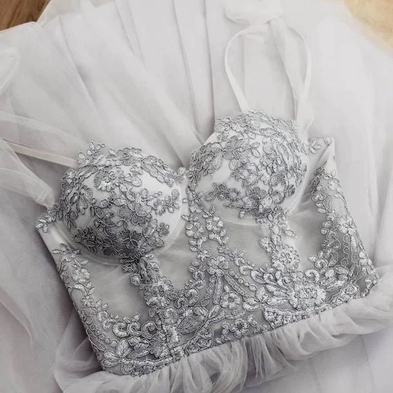Gray tulle lace long prom dress evening dress C1179