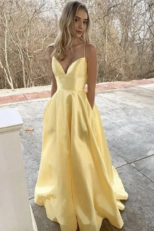 Yellow satin long A line prom dress evening dress C864