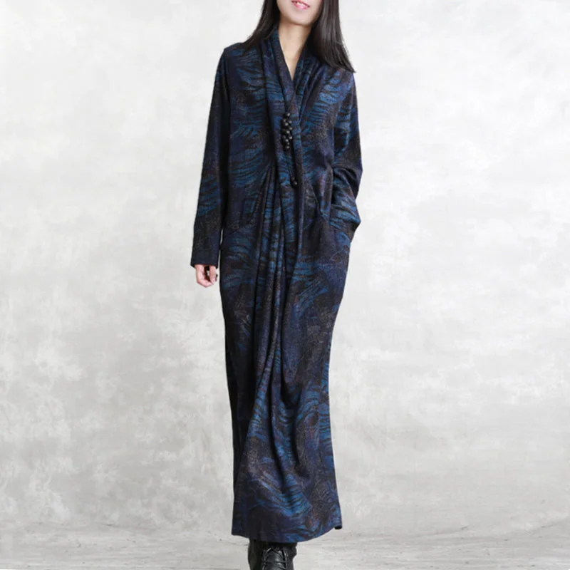 boutique dark blue print natural silk cotton blended dress Loose fitting v neck asymmetrical design traveling dress boutique long sleeve patchwork kaftans boutique dark blue print natural silk cotton blended dress Loose fitting v neck asymmetrical design traveling dress boutique long sleeve patchwork kaftans