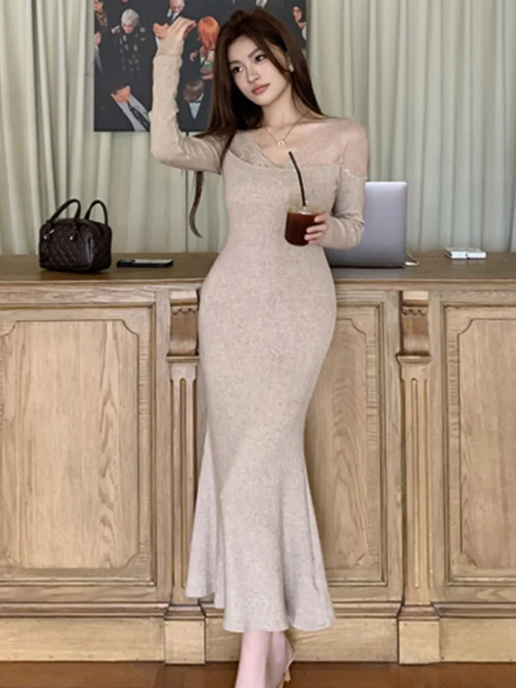 Autumn Lace Patchwork Womens Dresses Elegant V-Neck Bodycon Evening Party Mermaid Dress Slim Waist Midi Vestidos Female Clothing Autumn Lace Patchwork Womens Dresses Elegant V-Neck Bodycon Evening Party Mermaid Dress Slim Waist Midi Vestidos Female Clothing