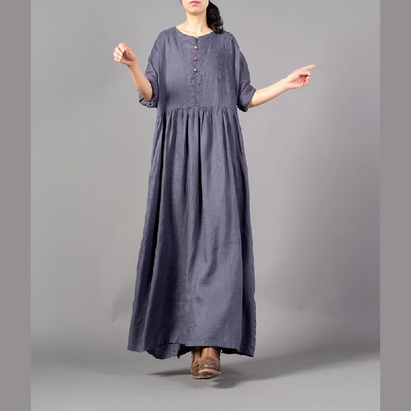 Fine gray embroidery long linen dresses plus size O neck gown 2018 Cinched linen caftans Fine gray embroidery long linen dresses plus size O neck gown 2018 Cinched linen caftans
