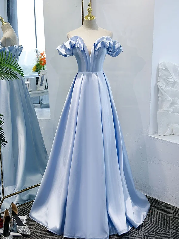 Blue A-line off shoulder long prom dress, formal dresses, blue evening dress C1480
