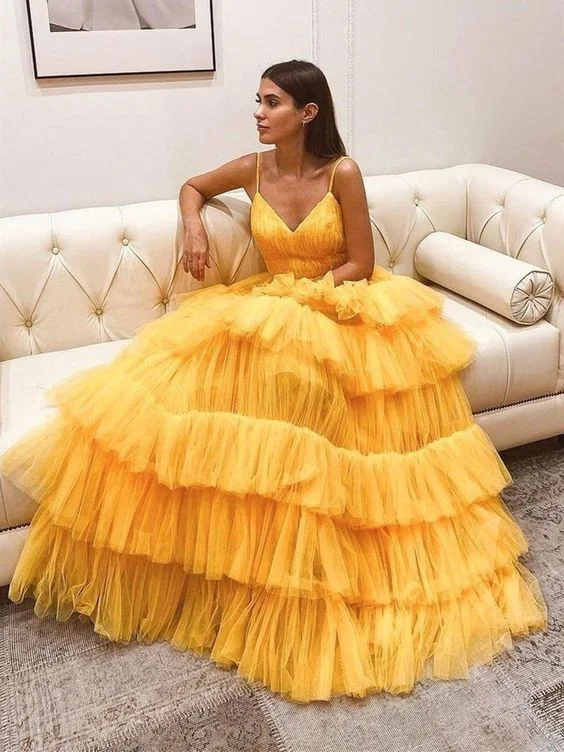 V Neck Backless Yellow Tulle Layered Long Prom Dresses, Layered Yellow Formal Evening Dresses C1264