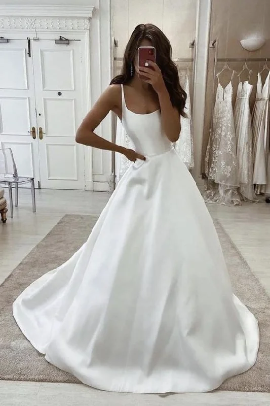 White satin long A line prom dress evening dress  C115