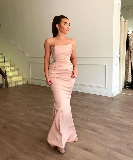 Simple Mermaid Strapless Blush Pink Satin Long Evening Dresses C685