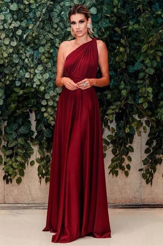 Sexy Burgundy One Shouder A Line Evening Dress, Vintage Formal Long Prom Dress C260