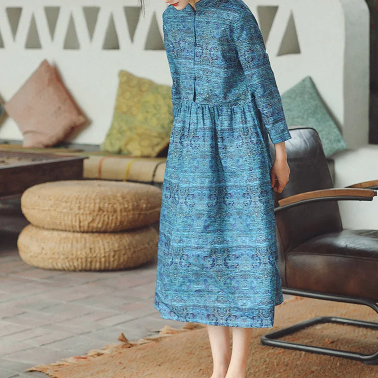 women blue print Midi-length cotton linen dress trendy plus size cotton linen dresses Stand natural cotton linen dress women blue print Midi-length cotton linen dress trendy plus size cotton linen dresses Stand natural cotton linen dress