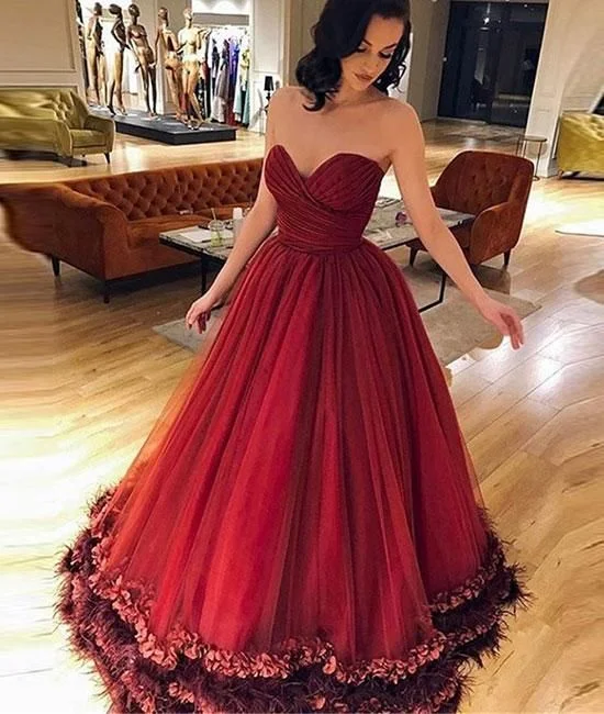 Unique sweetheart burgundy tulle long prom dress, burgundy evening dress C439