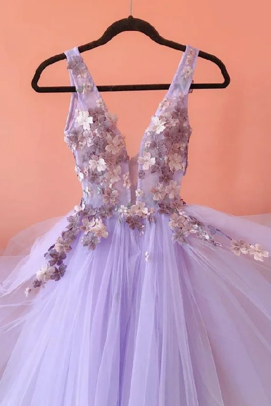 Purple tulle lace long ball gown dress evening dress C1289