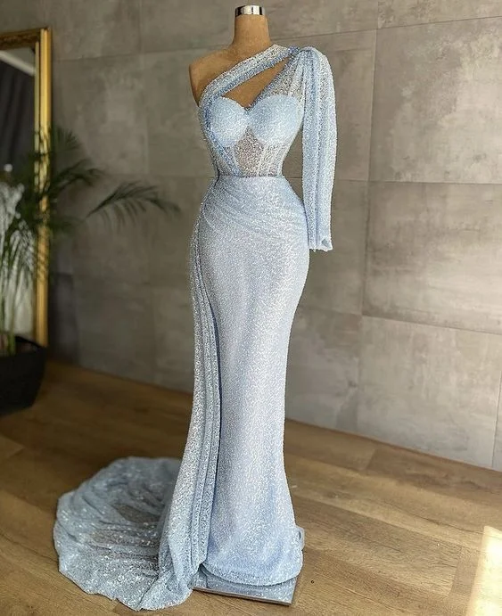 One Shoulder Mermaid Long Prom Dresses, Mermaid Long Formal Evening Dresses C1306