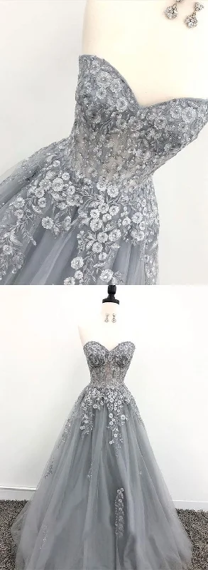 Gray sweetheart neck appliqué long prom dress, evening dress C515