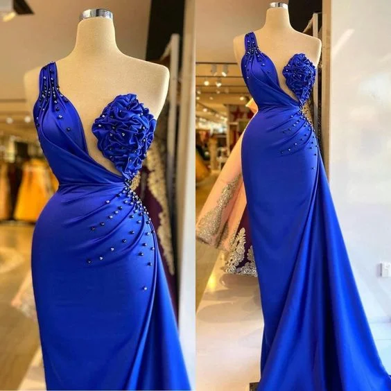 Mermaid Royal Blue Prom Dresses Satin African One Shoulder Crystal Beading Evening Gowns Formal Winter Party C1206 Mermaid Royal Blue Prom Dresses Satin African One Shoulder Crystal Beading Evening Gowns Formal Winter Party C1206